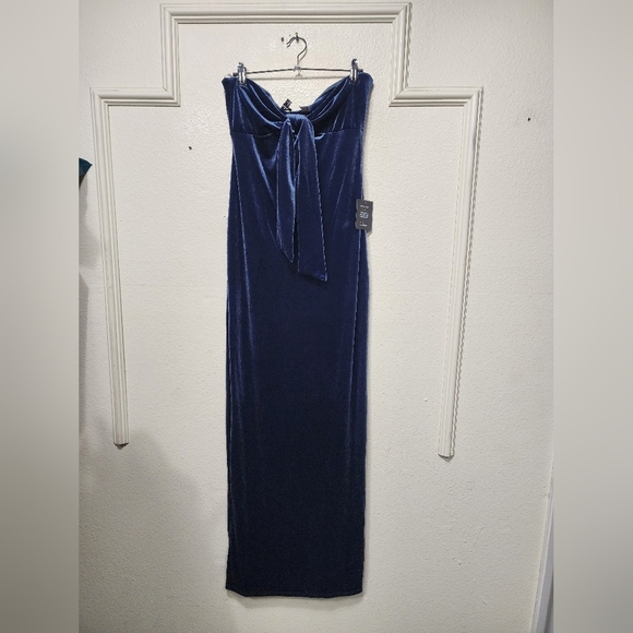Lulus Divine Existence Navy Blue Velvet Tie-Front Strapless Maxi Dress Wedding - Picture 6 of 8